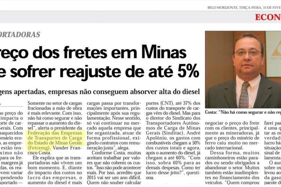 Preo dos fretes em Minas deve sofrer reajuste de at 5%