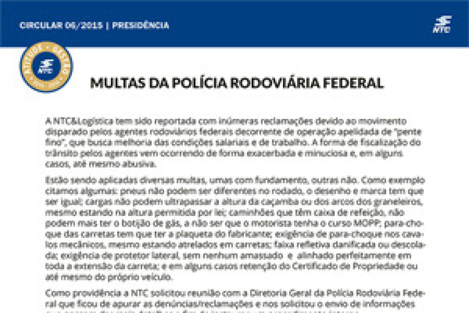 Comunicado NTC&Logstica: Multas da Polcia Rodoviria Federal