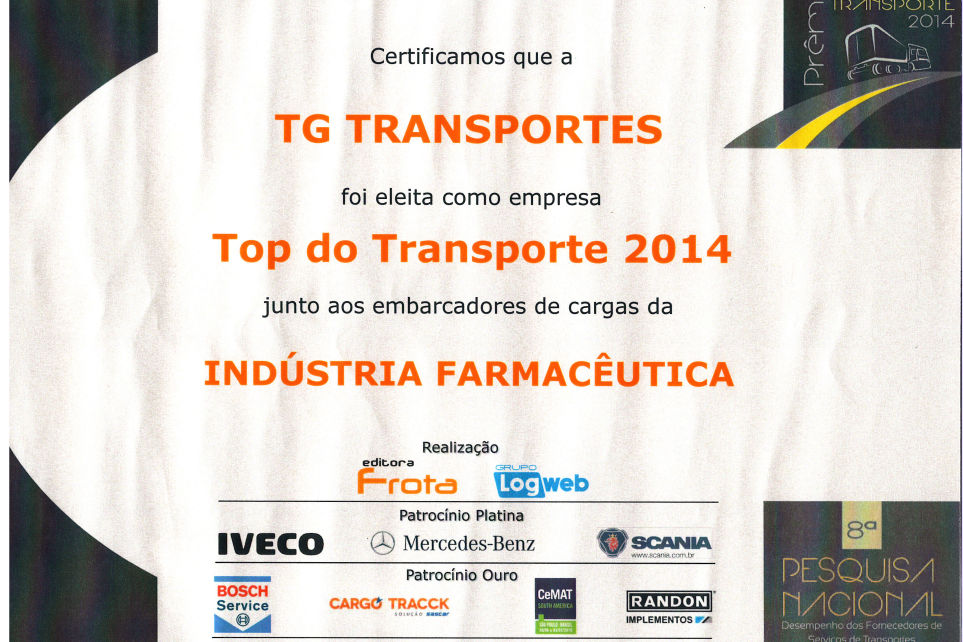 TG Transportes  destaque no Prmio Top do Transporte 2014